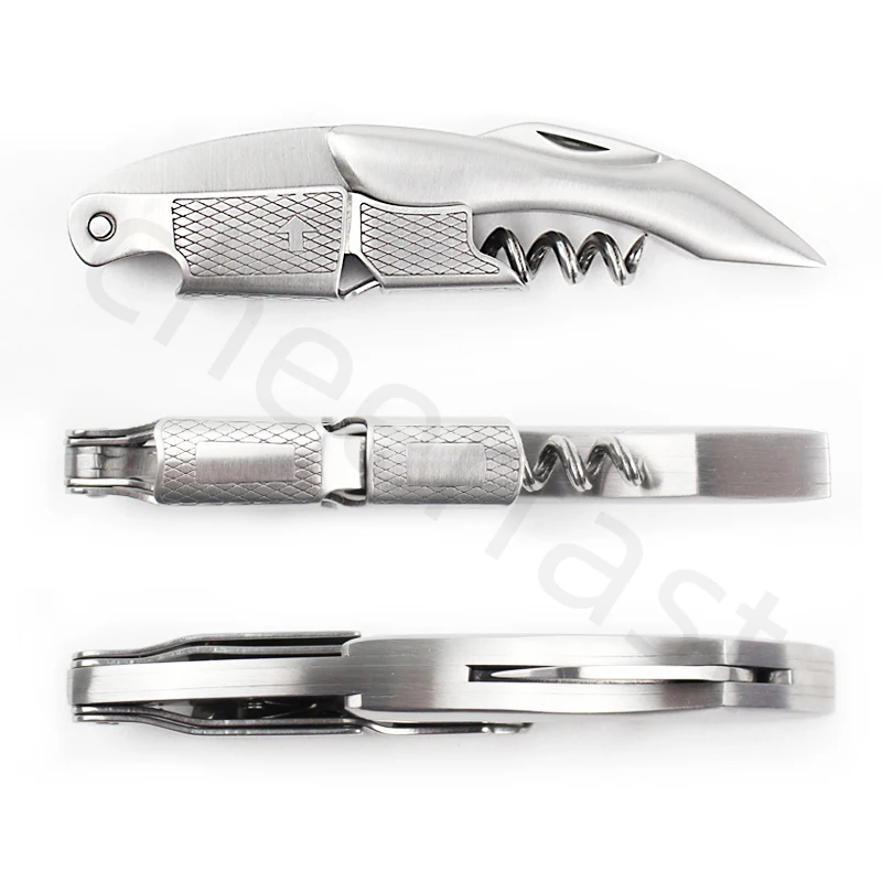 High Quality Metal Handle Spring Loaded Win Bottle Cork Screw Opener Stainless Steel Waiters Corkscrew Witn Serrated Foil Cutter