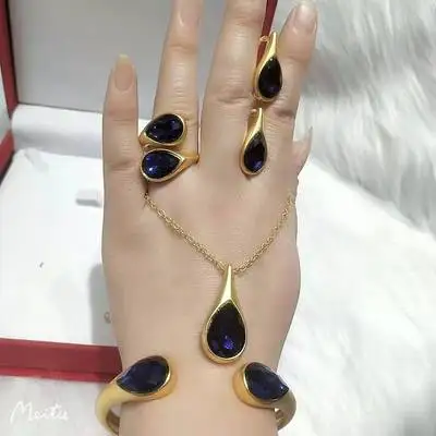 Top Quality Four-Piece Jewelry Set Charm Trendy 18K Gold Plated Colorful Crystal Bracelet Necklace Earring Ring For Anniversary