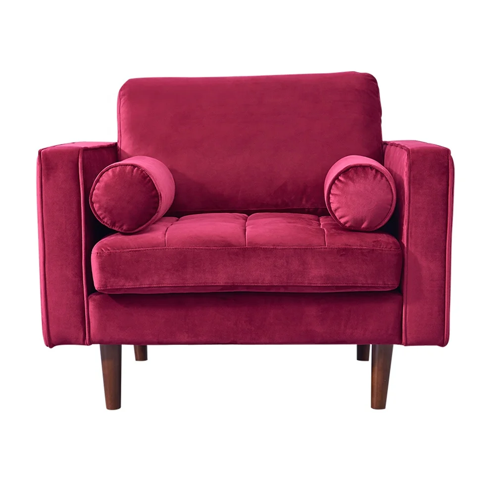 Wooden Sofa Arm Chair Living Room Lounge Furniture Red Velvet Modern Single Couch