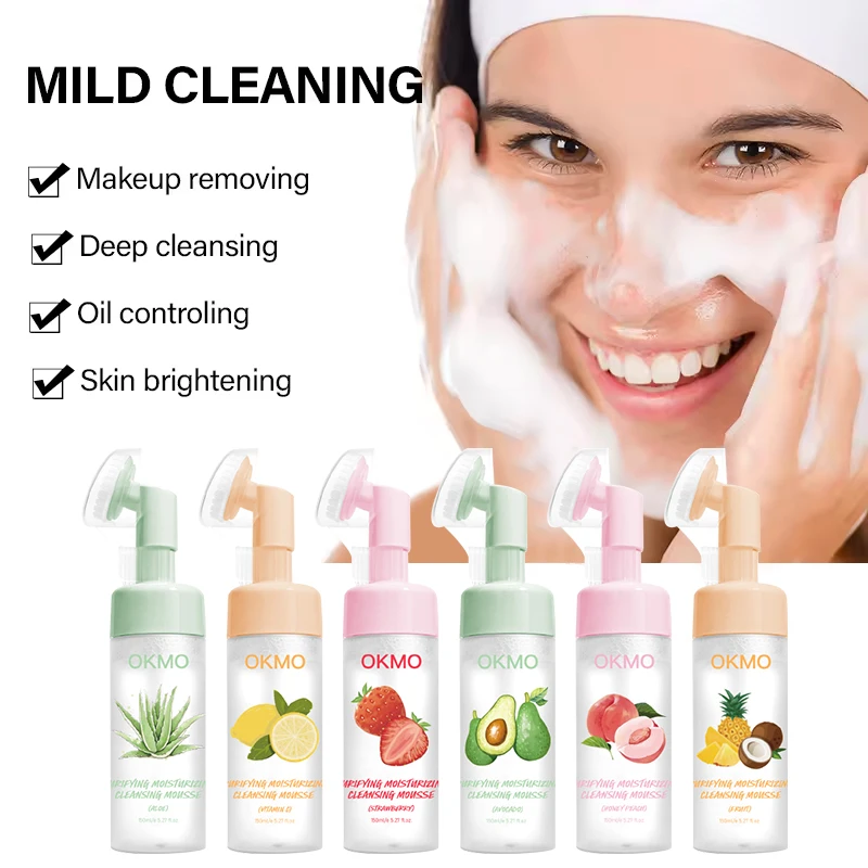 Private Label Vitamin C Face Cleanser Mousse Pore Massage Brush Amino Acid Face Wash Aloe Vera Foaming Facial Cleanser