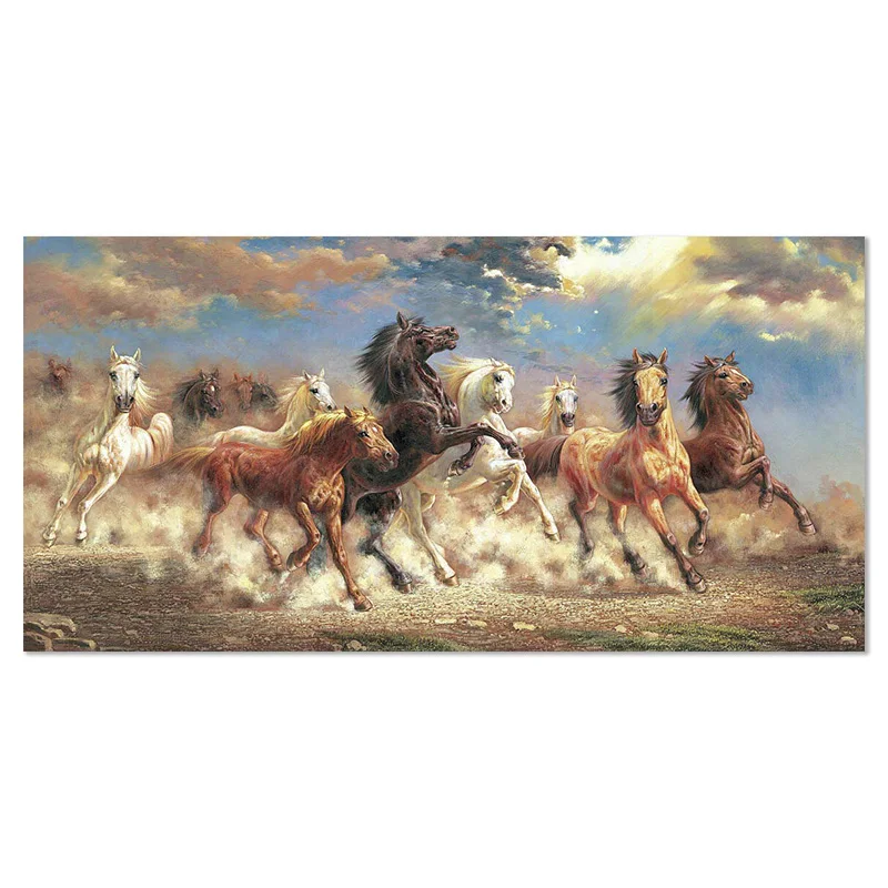 Wholesale realistic animal famous wall art running 8 horses painting