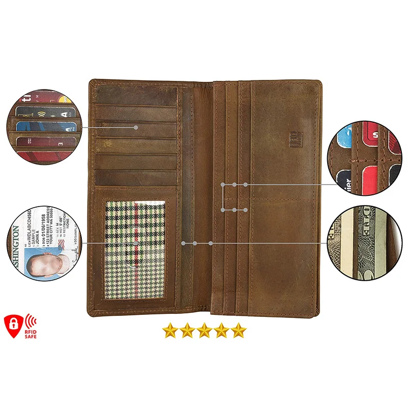 OEM Luxury Long Wallet Genuine Leather RFID Blocking Coin Purse Business Card Sleeve Cover Dollar Money Clip Credit Card Holder