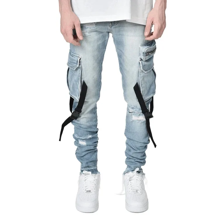 Men strap jeans light stone wash skinny 98%cotton 2%elastane denim cloth jeans with aw distressed hem at the bottom
