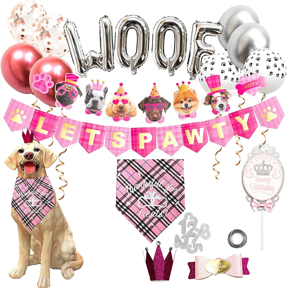 Dog Birthday Party Supplies Dog Birthday Hat Bandana Bowtie Cake Topper Balloon Flag Banner for Small Medium Dogs Pets