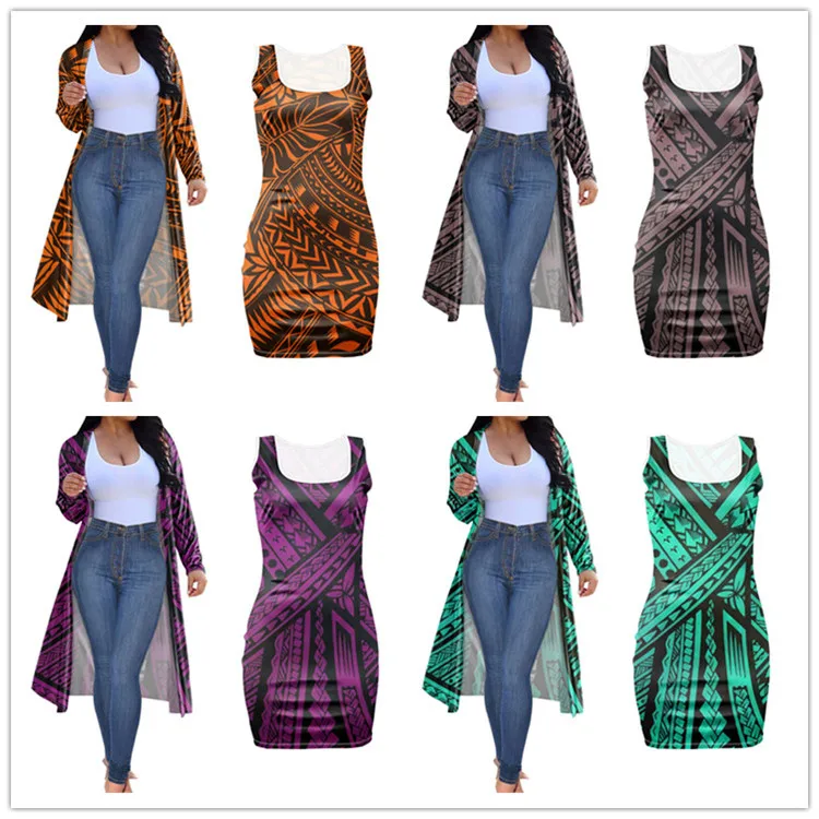 2022 Fashion Trendy Tribal Polynesian Set 2 Piece Outfits Long Sleeve Kimono Long And Sleeveless O-neck Short Dress Floral Print