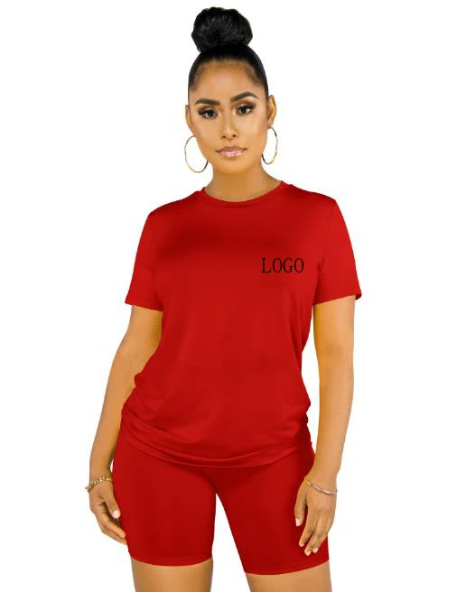Hot Sale Custom logo Women Clothing  over size solid  Short Sleeves Shorts Set Casual 2 Piece Women Outfit