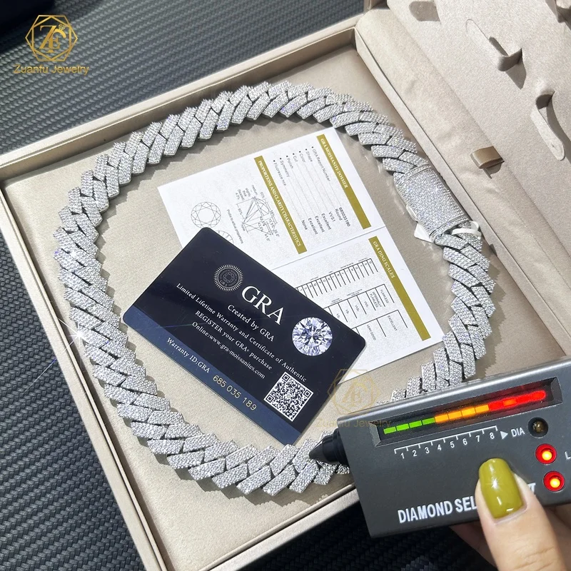 pass tester easily big size width 16mm18mm 20mm cuban chain 925S Gold Plated 3 rows lab grown moissanite necklace bracelet chain