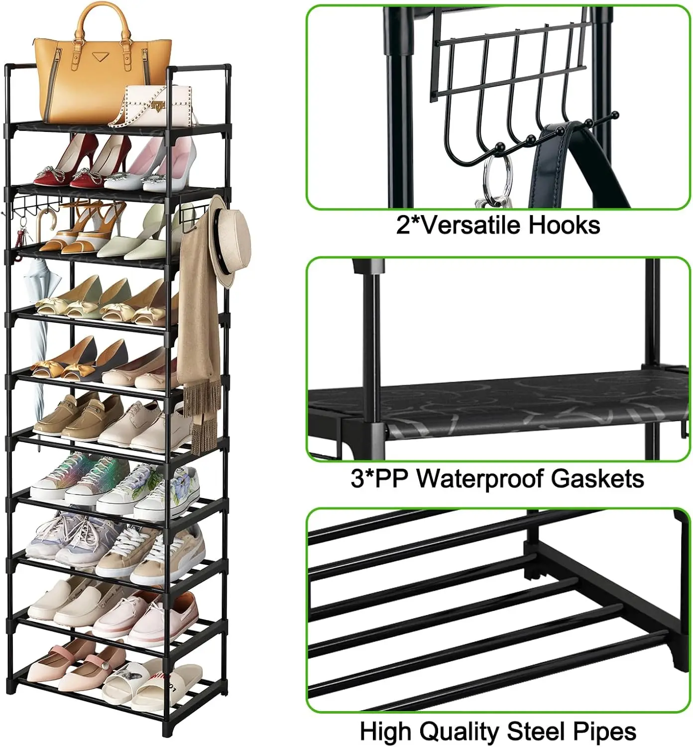10-Tiers Shoe Rack for Large Capacity for 20-24 Pairs of Shoes and Boots, Narrow Metal Shoe Shelf with Hooks
