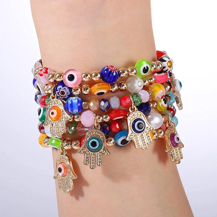 Wholesale Men Women Crystal Beaded Couple Bracelets Colorful Round Natural Stone Bead Fitima Hand Charm Evil Eye Bracelet