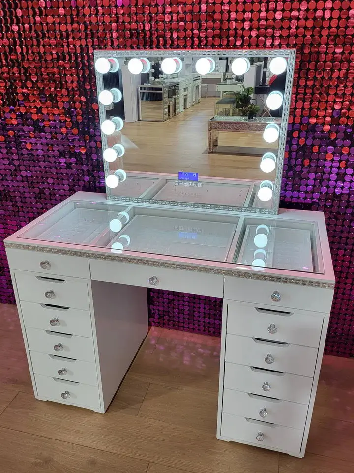 HIgh  Quality Crushed Diamond bedroom funiture  Mirrored  Vanity Table Vanity Mirror With LED lights