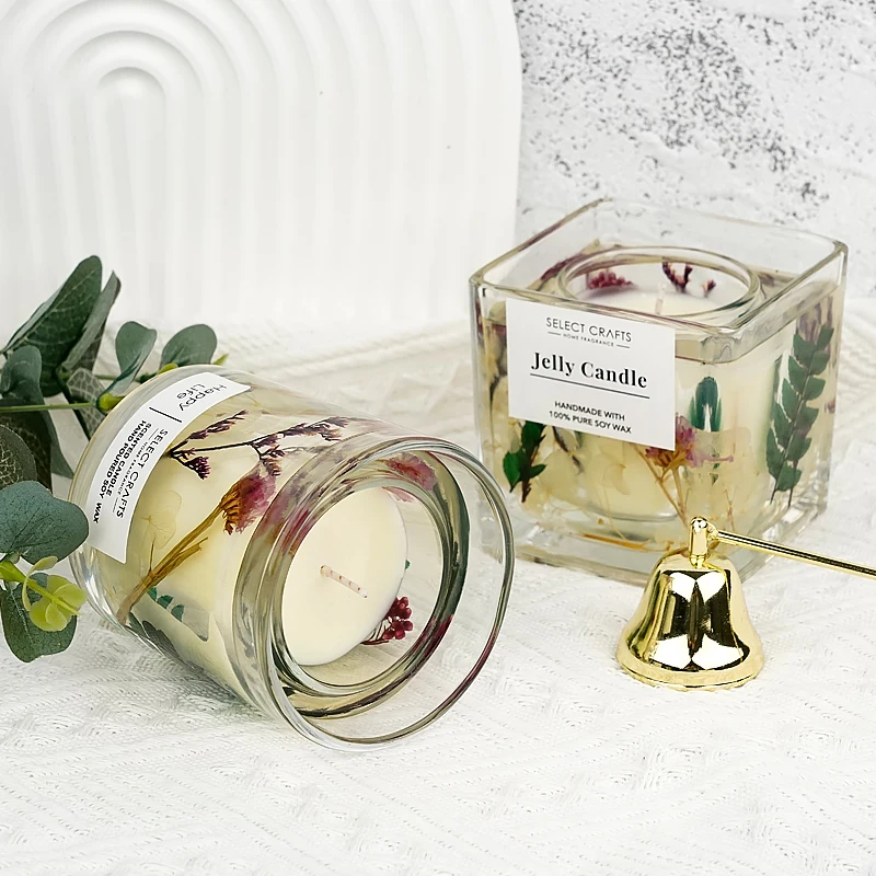 Wholesale Luxury Custom Christmas Decoration Double Glass Jar Scented Jelly Gel Soy Wax Candle with Dried Flowers Active Use