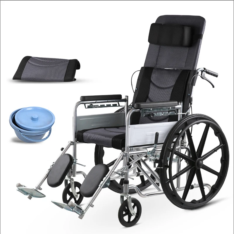 Full lying wheelchair 6 gear adjustable toilet wheel chair elderly folding commode manual wheelchair