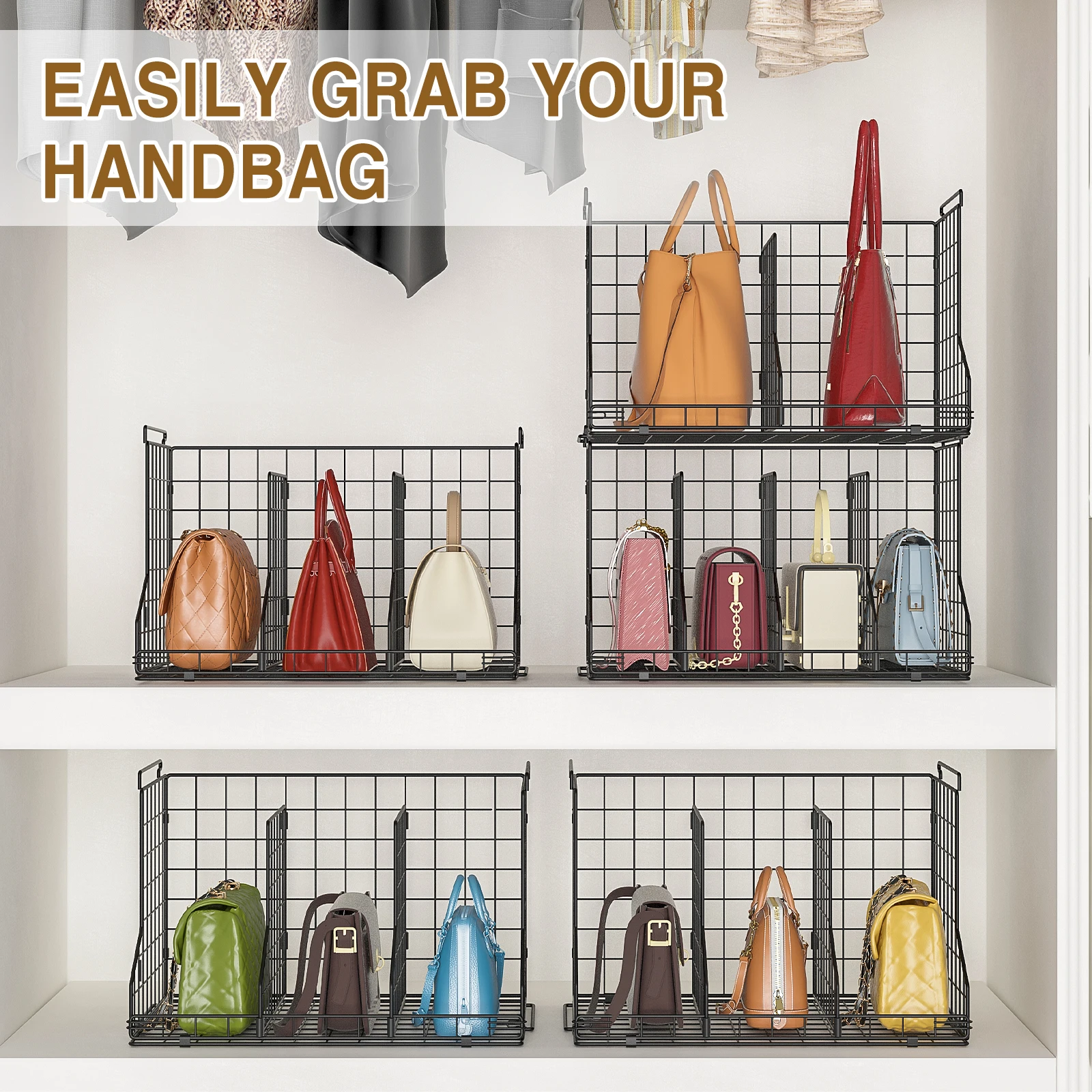 Hot sale Adjustable Dividers Closet Purse Organizer metal wire black storage basket for Wallets Tote Chain Bags Clutches