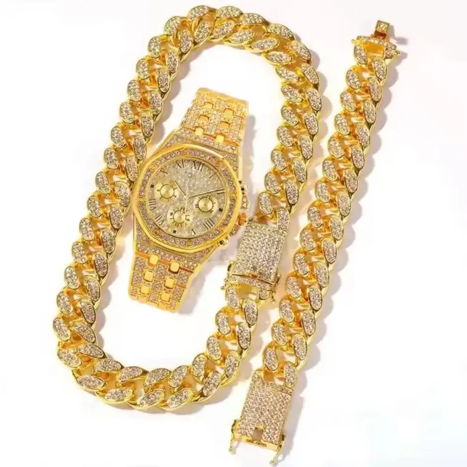 Hot Selling Hip Hop Gold Rose Gold 20mm Cuban Link Necklace Chain Cuban Link Bracelet Iced Out Quartz Watches Jewelry Set DMW001