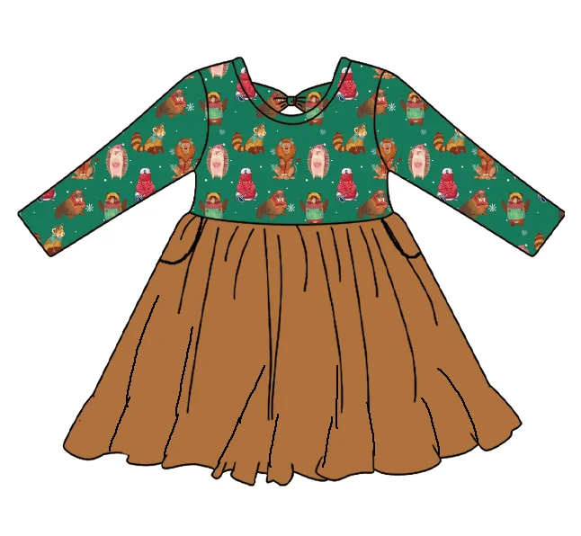 Newest Girls Clothing Custom Printed Bamboo Long Sleeve Knee Length One Piece Girls Cute Halloween Dresses