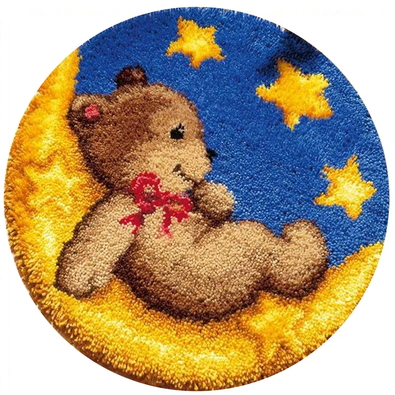 
DIY Latch Hook Rug Kits Unfinished Crocheting Tapestry Yarn Needlework Cushion Set Embroidery Carpet Cartoon Bear and stars Mat 