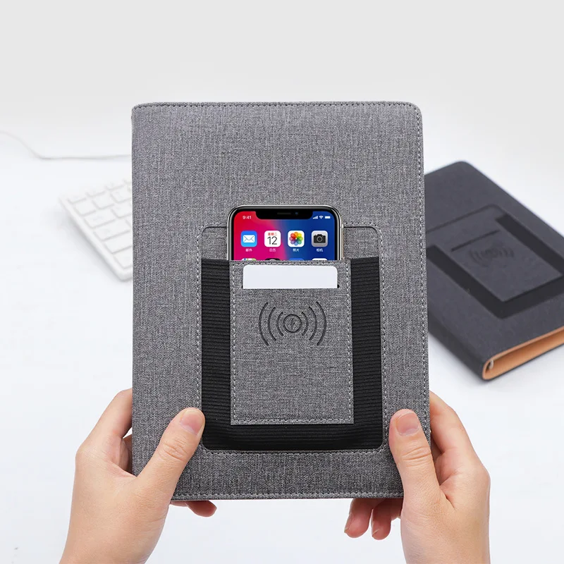 8000mah powerbank notebook with wireless charger USB flash drive and mobile phone holder pocket