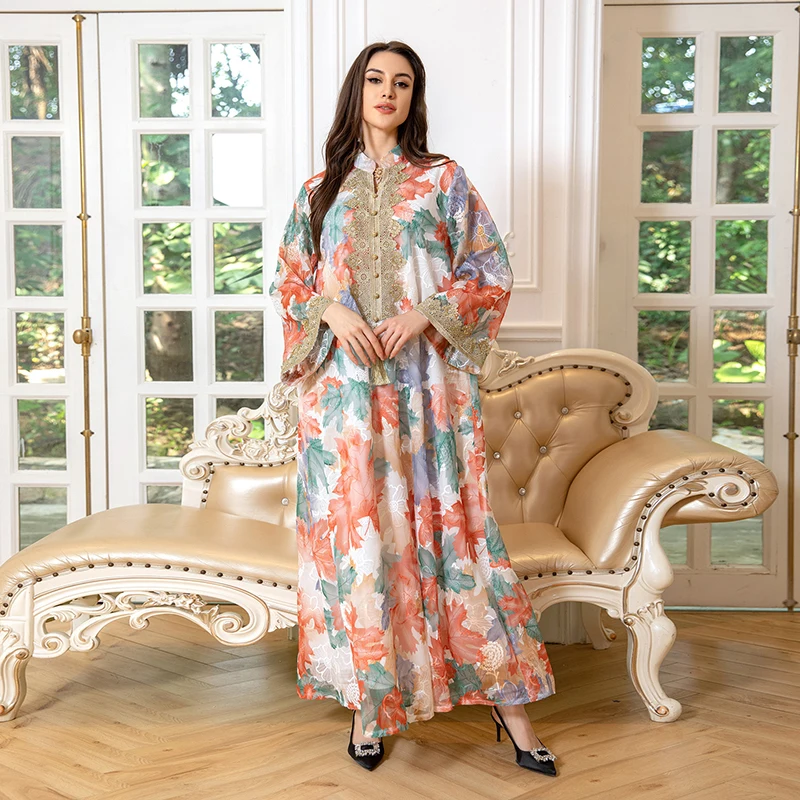 2024 Latest Fashion Modest Kaftan Robe Dress Embroidery Arab Dubai Printed Jalabiya Caftan Dress Muslim Women Kaftan