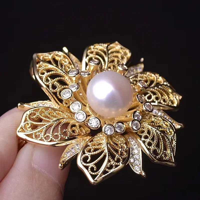 DIY accessories 9-10mm pearl Korean fashion pink zircon brooch Hollow metal floral brooch pearl brooch