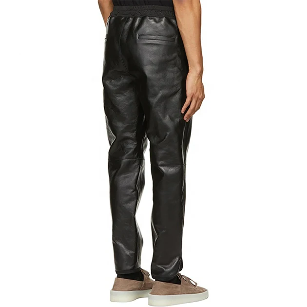 Black Straight Leg Pants Custom Loose Fit Faux Leather Track jogger Pants Men