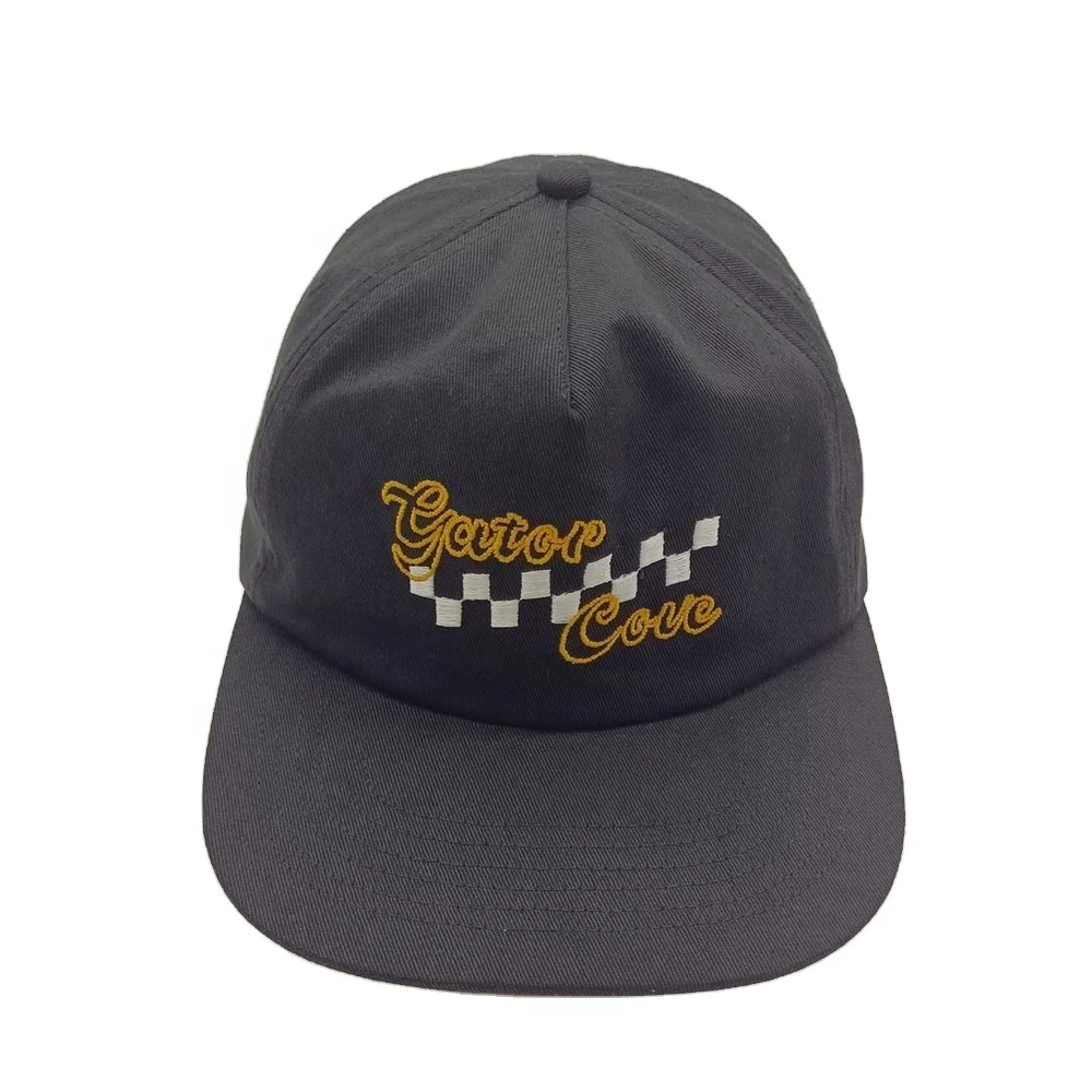 Black Cotton Soft Top Snapback Hat Custom Unstructured Flat Brim 5 Panel Hat With Embroidery Adjustable Strapback Trucker Cap