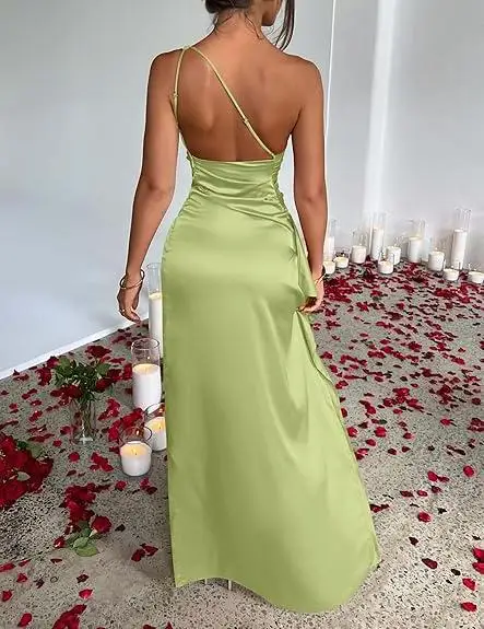 Newest Slash Neck One Shoulder Satin Dresses Women Casual Sexy Backless Maxi Casual Dress Solid Pattern Clothing