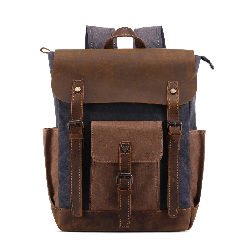 Vintage designer waxed canvas backpack genuine crazy horse leather trim water proof camping rucksack back pack backpack bag