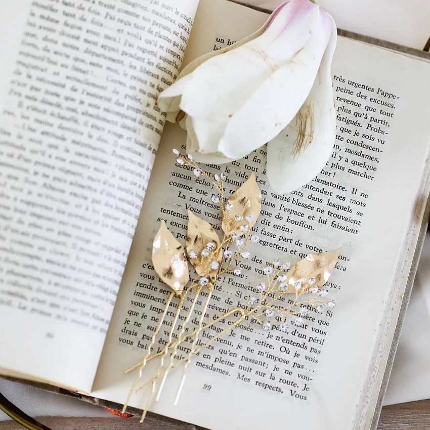 
Newest vintage gold plating brass leaves rhinestone fancy bridal hair pins wedding 
