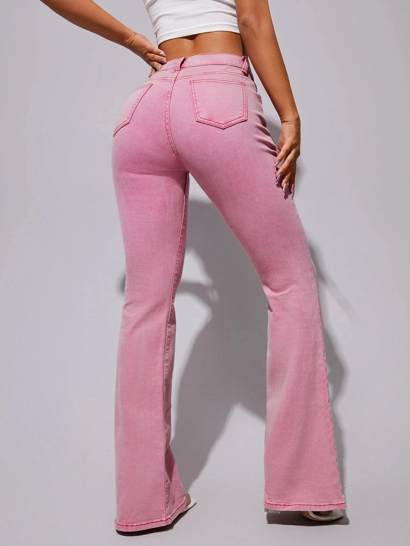 New Fashion Pink twill Garment dye jeans high Waist big Flare denim Jeans Long leg pink pants  For Women
