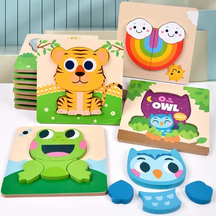 Cute Animal Montessori 3D Jigsaw Solid Wood Early Learning Toys for Preschool Kids Travel Game Gift for Boys Girls New Puzzle