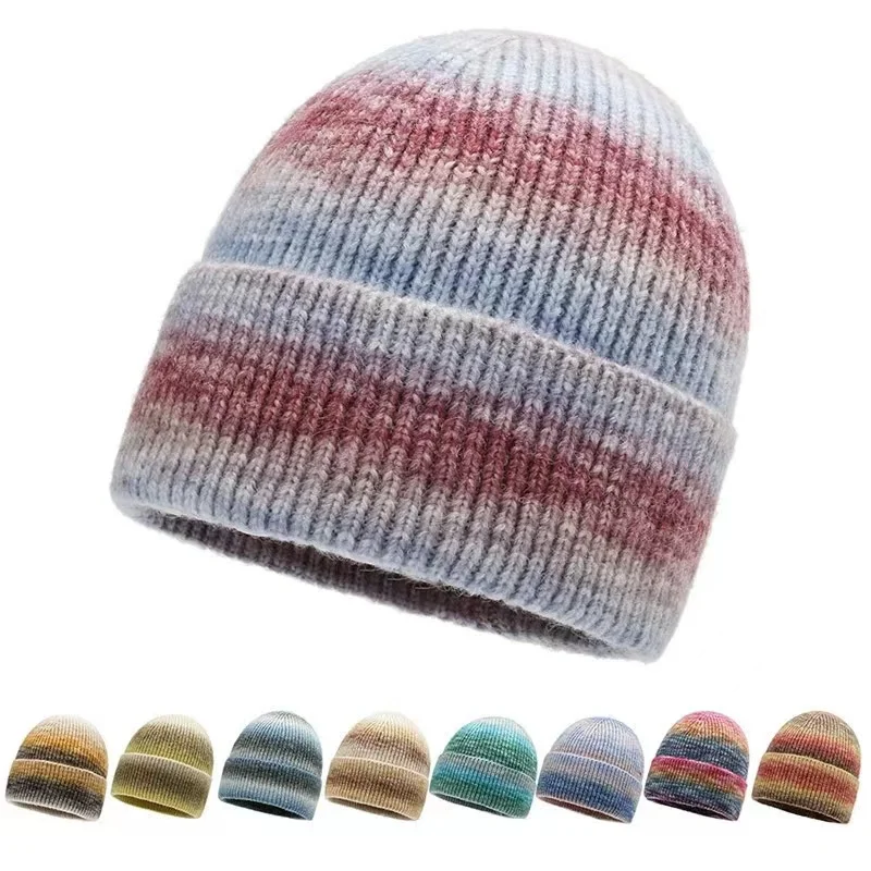 2024 100% Wool Fashionable plush Gradient Winter Warm Comfortable Fashion colorful Gradient Knitted custom designed hat Beanie