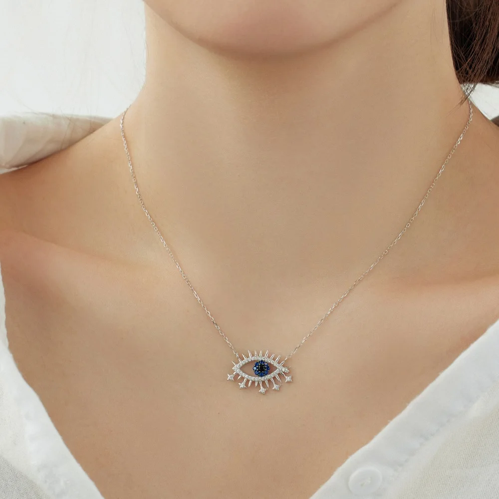Dylam Belief Protection Symbol Fine Fashion Jewelry Solid S925 Silver Link Chain Evil 5A Zirconia Blue Eyes Pendant Necklace
