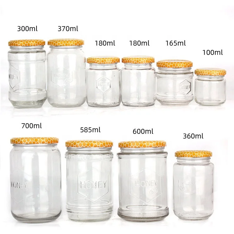 Stocked 100ml 300ml 700ml clear honey jam glass food bottles honey jar with metal lid