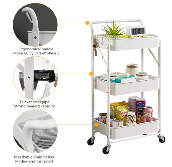 Bathroom Salon Spa Organization Metal Mobile Cart Rolling Serving Storage Standing Shelf foldable Kitchen Trolley.