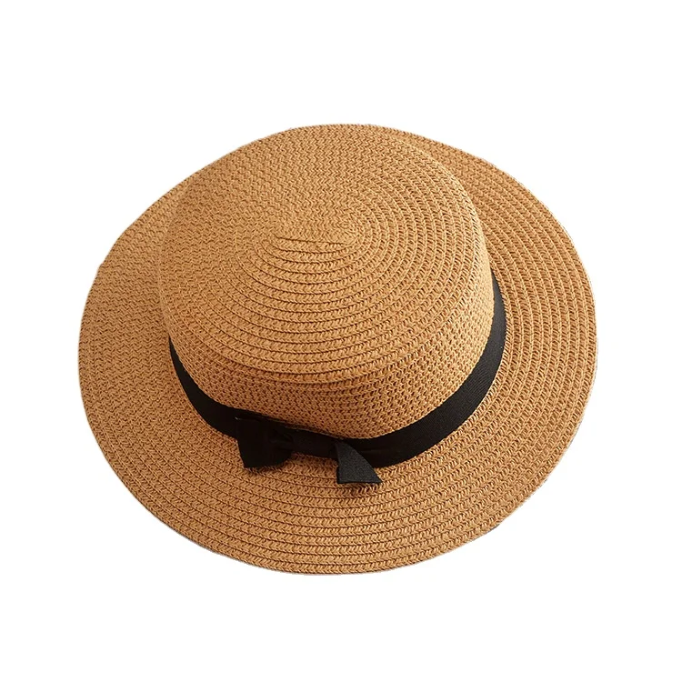 OEM ODM  Fashion Women Flat Top 100% Natural Straw Boatman Hat Wide Brim Beach Sunscreen Sun Hat