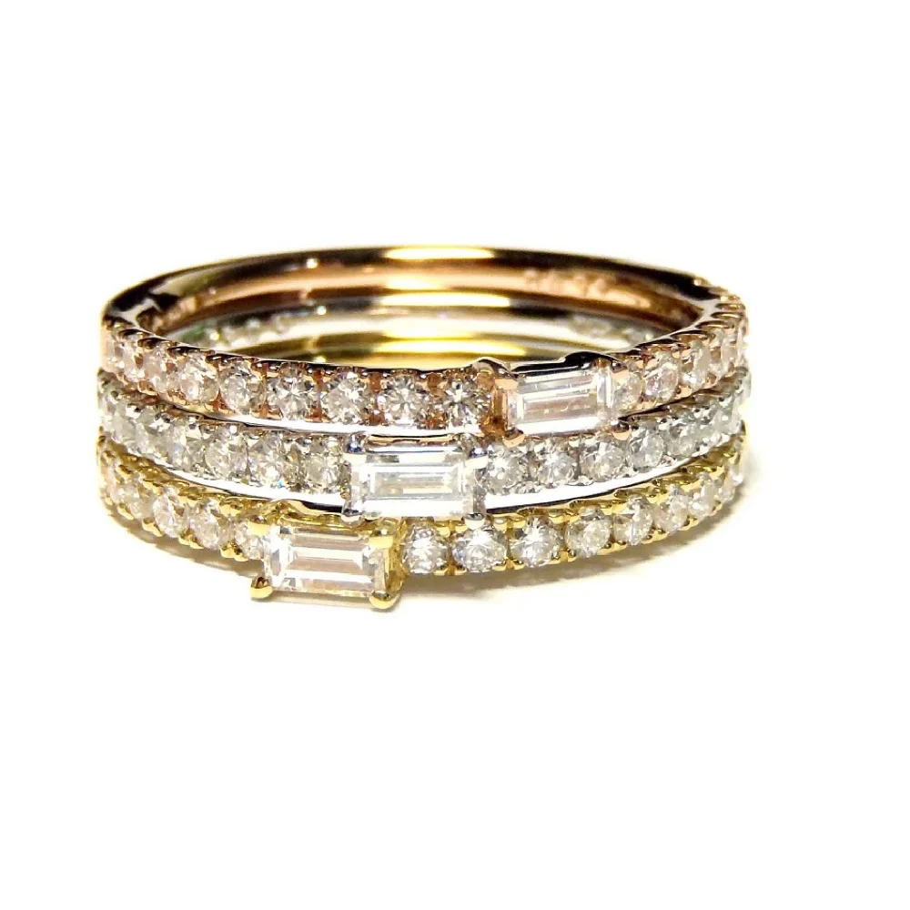 Sweetheart Stackable Bridal Design 18k Tri Color High Quality Diamond  Fine Jewellery Baguette Thin Band Rings Set For Wedding