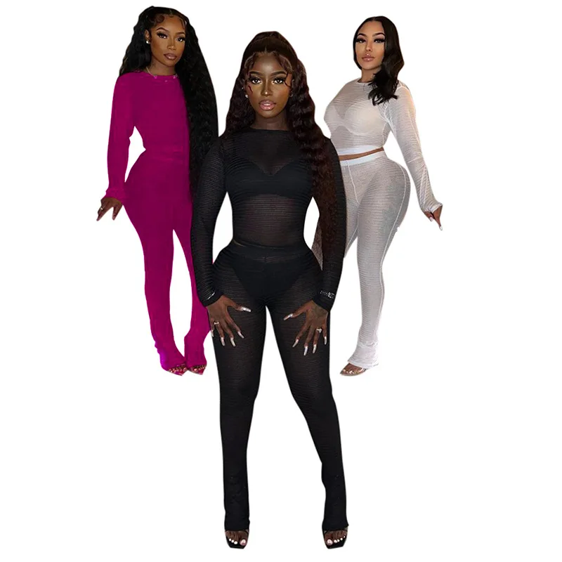 Summer New Wheat Ear Mesh Perspective Tight Long Sleeve Top Long Pants Casual Set