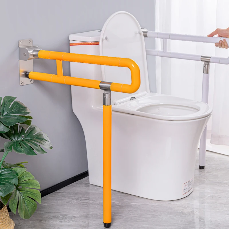 Built-In Thickened ABS Stainless Steel Shower Handrail with Legs Support Flip-Up Grab Bar for Toilet Use for Disabled Elderly