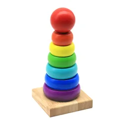 Color Cognition Montessori Rainbow Tower Wooden Stacking Rings Building Block Brain Developmental Toy