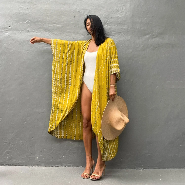 Wholesale Swimsuit Cover Ups Striped Rayon Open Front Loose Kimono Beach