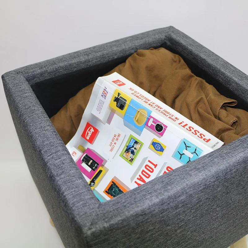 Reatai Modern Hot Sale Dark Grey Wood Sofa Footstool with Wood Legs Gray Fabric Storage Space Table Ottoman Stool