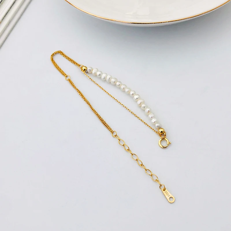 Sterling Silver 925 Double Chain Bracelet Gold Plated Pearl Bracelet Jewelry for Women