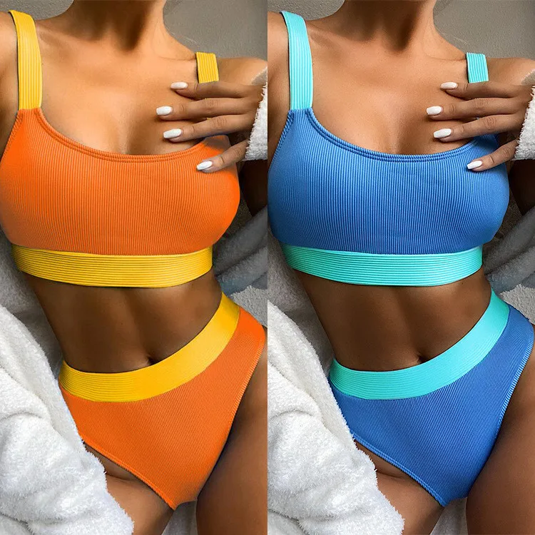 Contrast Color Swimsuit Women High Waist Bikini Set Ribbed Mini Bikini Summer Sexy Bikini Swimsuit Two Piece Swimsuit