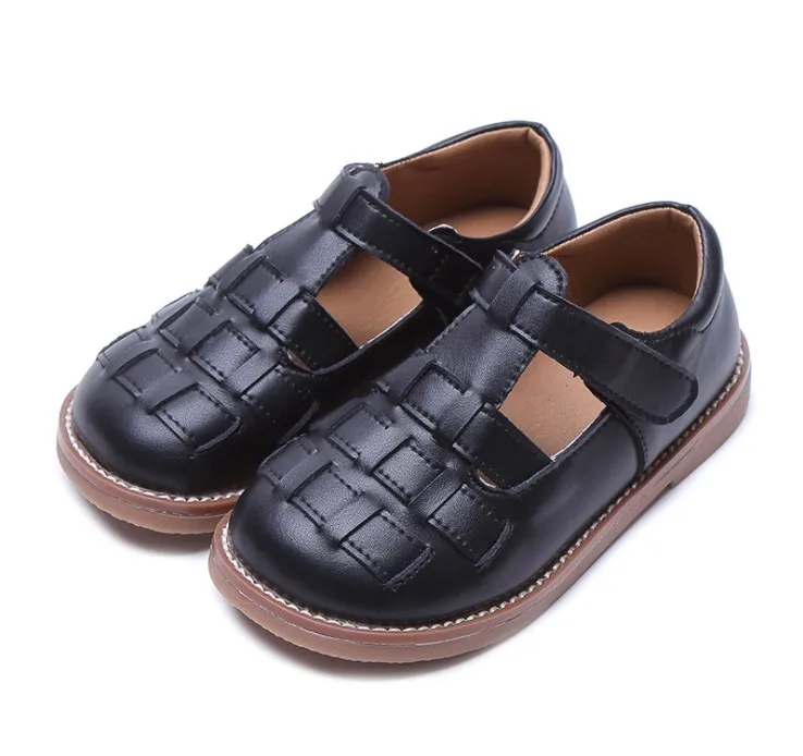 Kids T strap weave upper shoes breathable boy and girls fashion dress shoes pu upper children shoes 21-30