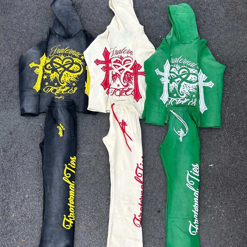 Custom Two Piece Set Vintage Hoodie And Sweatpants Jogger Screen Printing Dtg Sweat Suit Sun faded Acid Wash Men Tracksuit