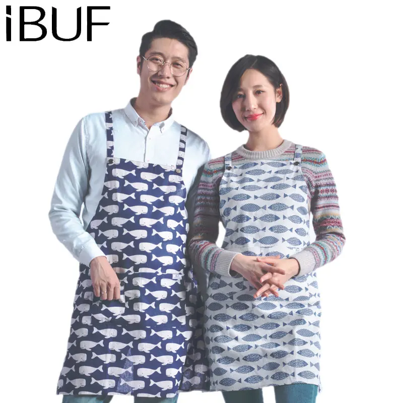 Cheap Fashion Cute Fish Printing Cotton and linen fabric Family Kitchen Apron coffee work clothes apron  Waiters Uniform Apron