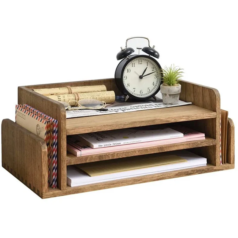 Document Holder Dark Brown Nature 3-tier Office Mail Sorter Organizer Rack 5 Trays Wood Desk Organizer
