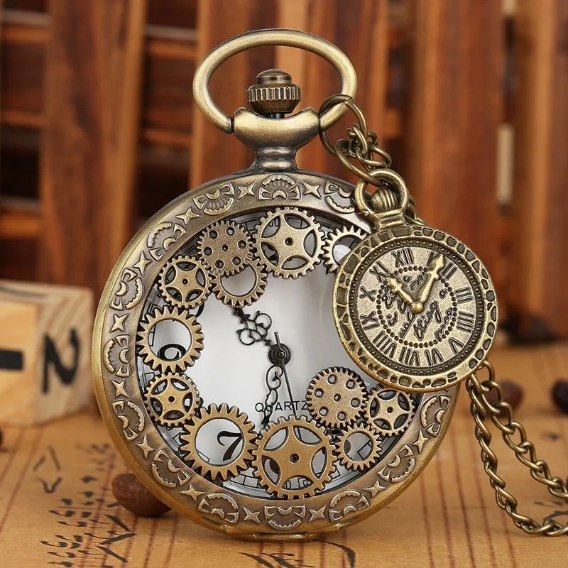 Retro Hollow Out Pocket Watch Pendant Compass Gadget Unisex Quartz Pendant Watches with Sweater Chain Portable Timepiece