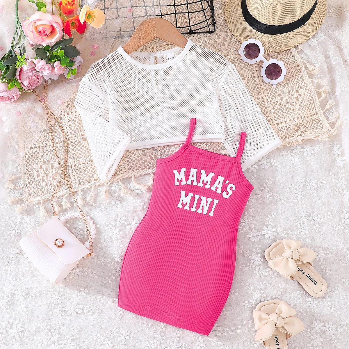 Wholesale High Quality Toddler Girl Clothes Long sleeved mesh top + Hangtag dress Fashion 2 pieces Outfits Sets