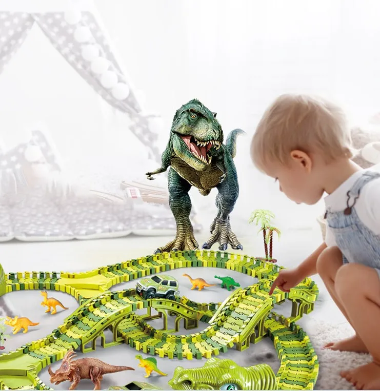 Construction Toys Electric Dinosaur Car Train Dino World Slot Toys Play Set Dinosaur Racer Track Toys For Boys Kids
